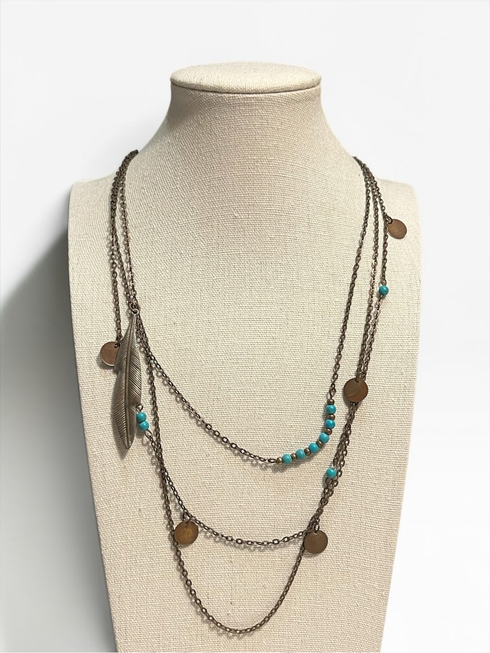 🍭5 for $20🍭 Boho Western Faux Turquoise Feather Multi Strand Necklace CC X